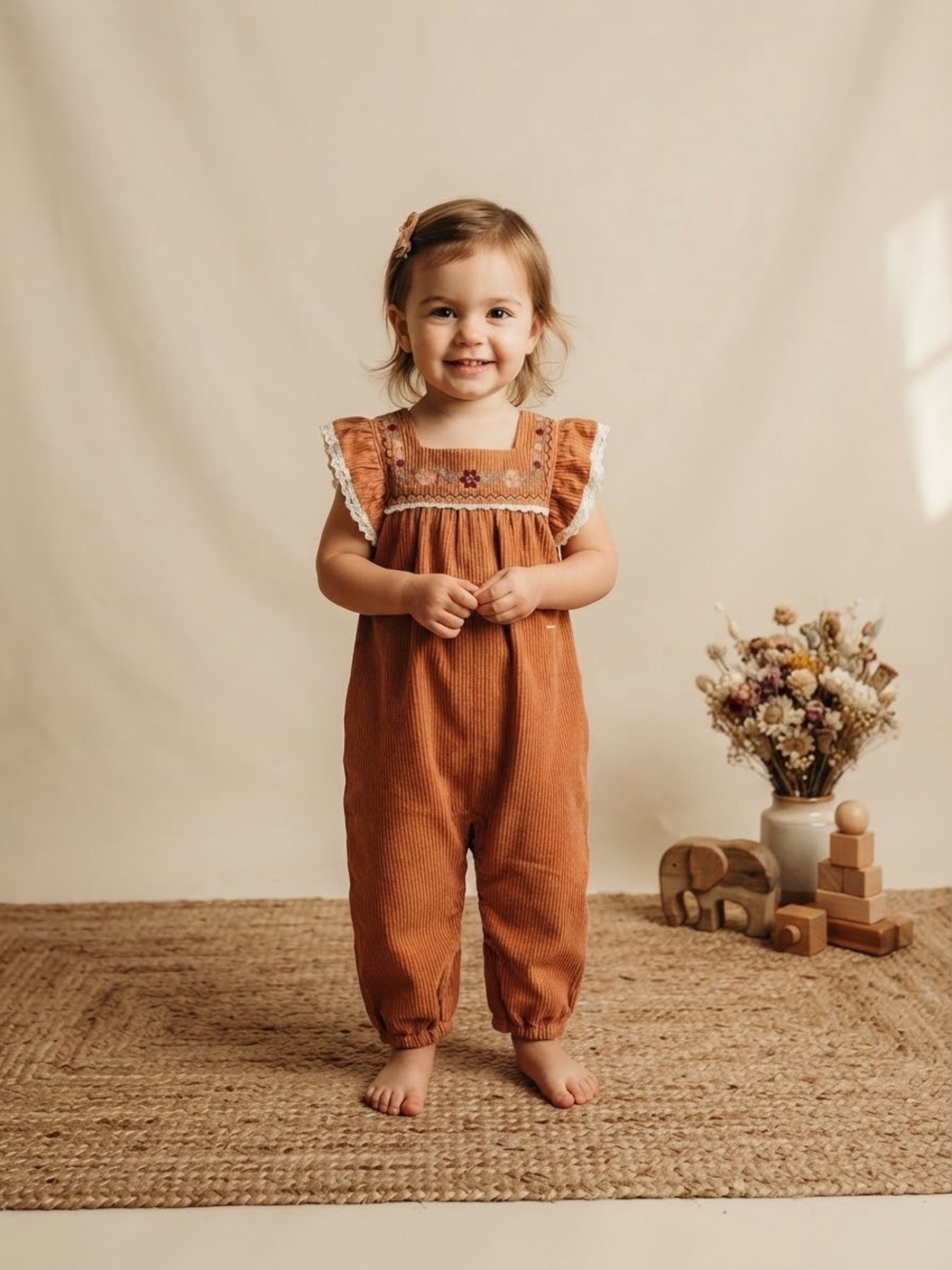 Zara Brown Corduroy Embroidered Lace Jumpsuit Size 2-3 Years NWT